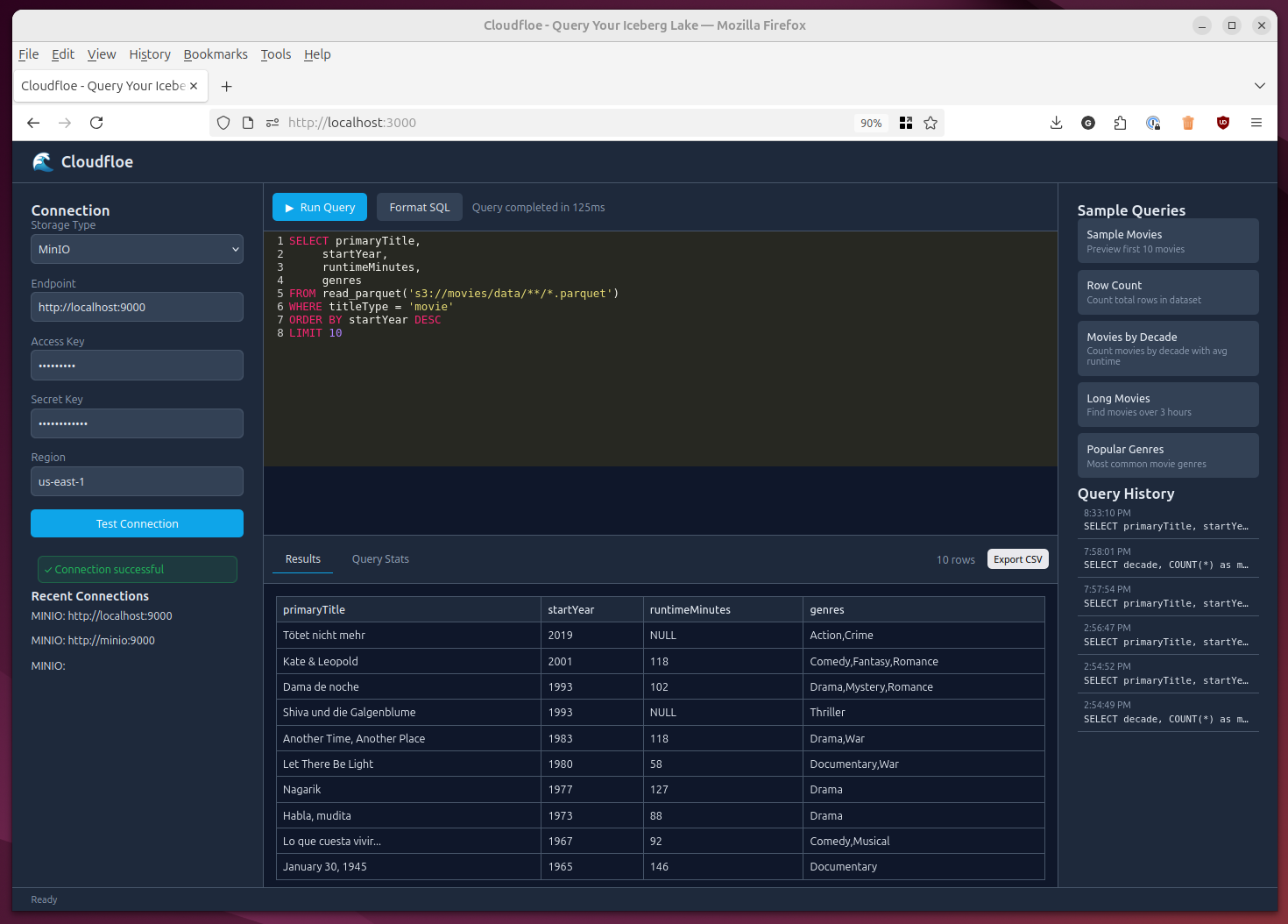 Cloudfloe query interface showing SQL editor and results